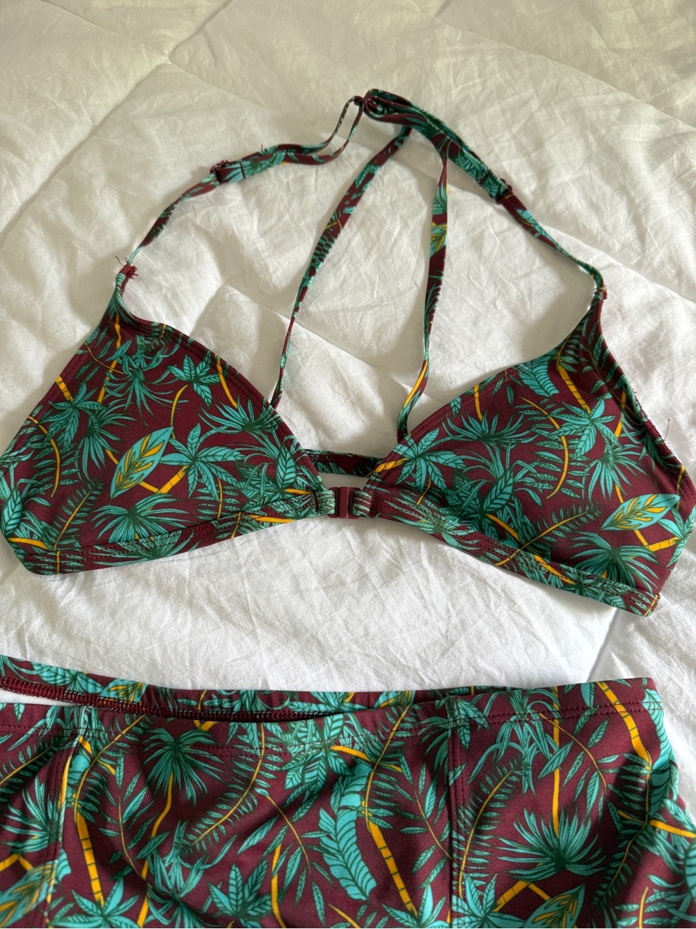 Urban Outfitters Maroon Bikini Top with Teal & Yellow Leaf Print